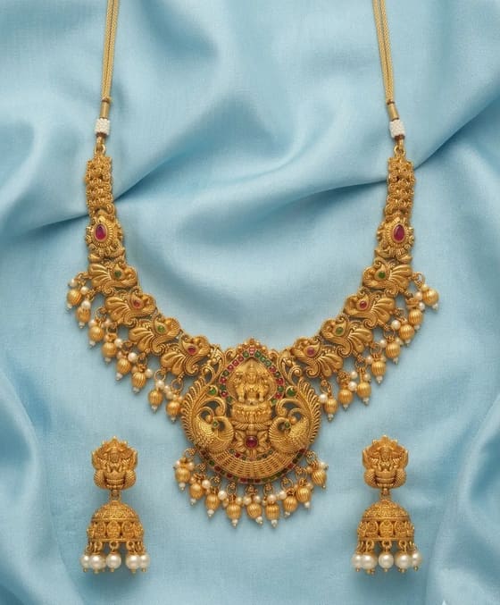 Lakshmi Peacock Temple Haar Necklace Set with Jhumkas - Gold Bead Drops - Necklace from Saubhagya Jewellery